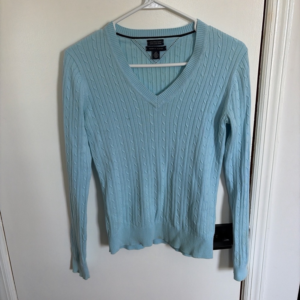 Tommy Hilfiger Baby Blue Cable‑Knit V‑Neck Sweater